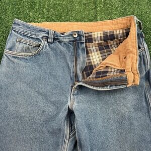 Duluth Trading Co Men's Blue Flannel Lined Jeans 34x29" Denim Workwear Stained